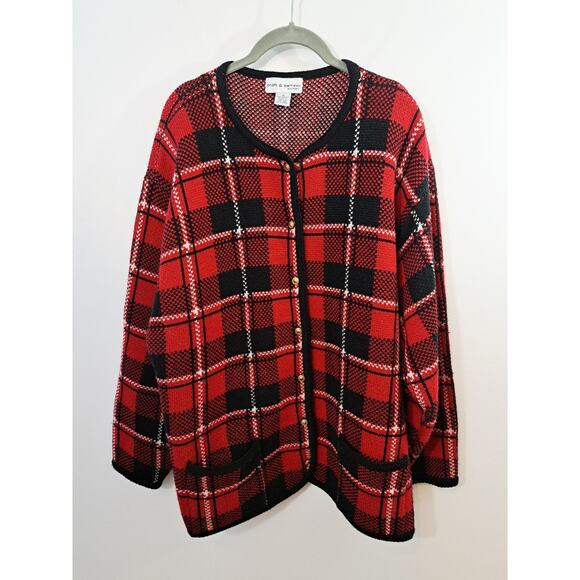 Croft & Barrow Vintage Women's Red Black Plaid Cardigan Sweater 1X - Picture 1 of 4